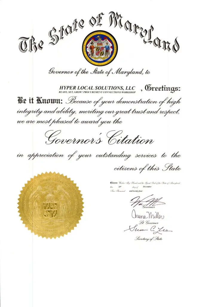 Maryland Governor's Citation awarded to HyLoSo International for Integrity and Innovation in 2024